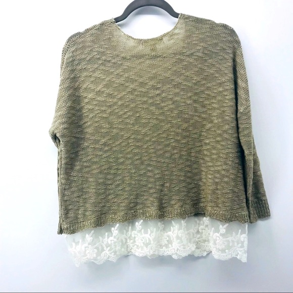 Knit Tan White Lace Hem Knit Pullover Crew Neck Sweater Top Size XS - Picture 5 of 11